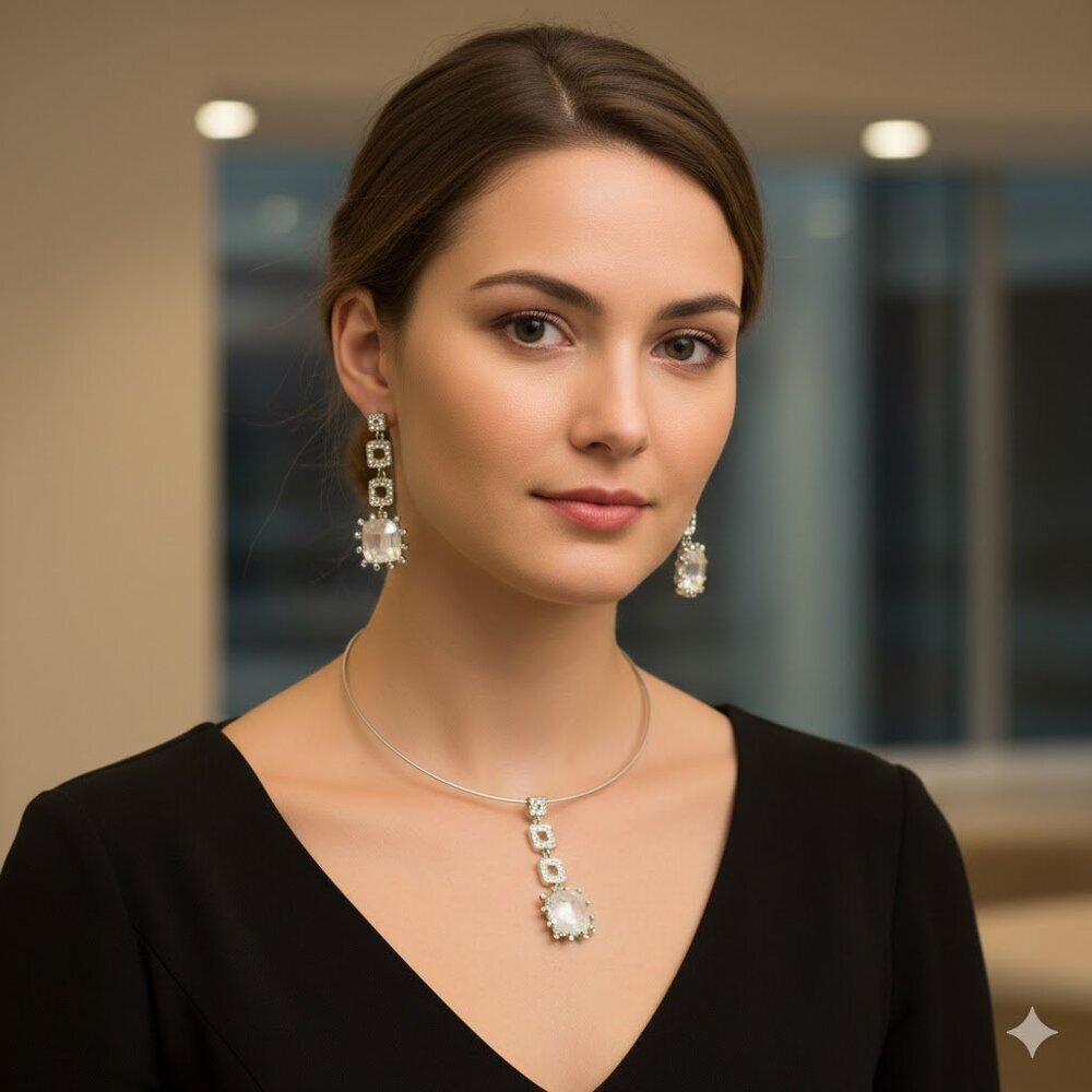 Rhinestone Square Pendant Necklace Set